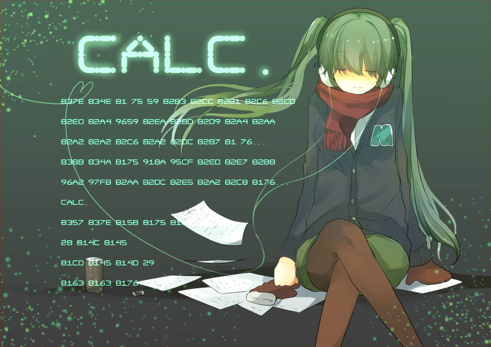 bad_id bad_pixiv_id calc_(vocaloid) crossed_legs gloves green_hair hatsune_miku headphones hexadecimal long_hair pantyhose pun2 scarf sitting smile solo twintails vocaloid