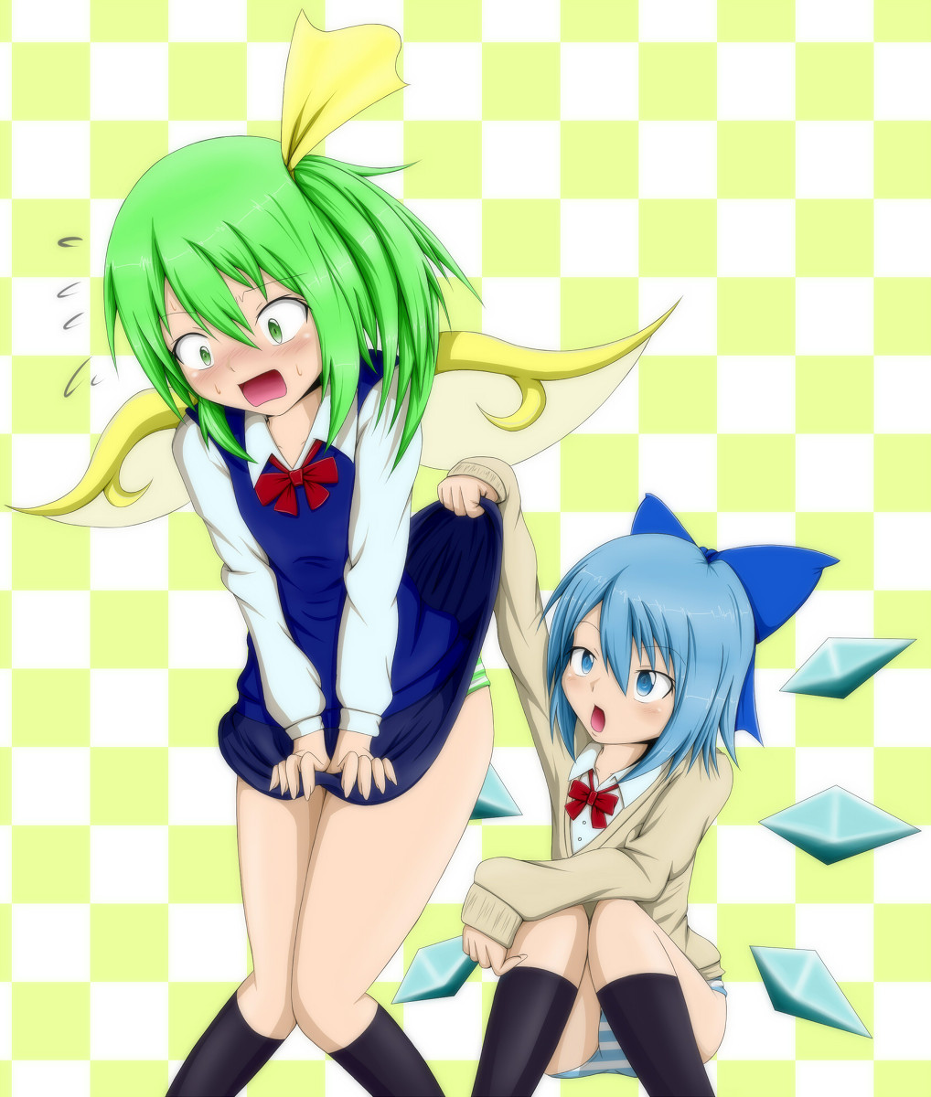 bad_id bad_pixiv_id blue_eyes blue_hair blush bow cirno daiyousei dress green_eyes green_hair hair_bow highres long_hair multiple_girls no_pants panties ribbon short_hair side_ponytail skirt skirt_lift striped striped_panties touhou underwear vest wings yopparai_oni