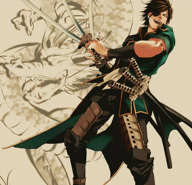 date_masamune_(sengoku_basara) dragon eyepatch ins-o1-y1 katana looking_down male_focus sengoku_basara solo sword weapon