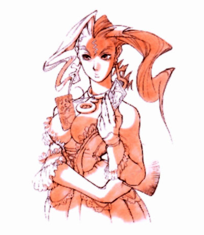 ahoge alternate_costume bare_shoulders between_breasts breasts card cleavage dress gloves huge_ahoge jewelry large_breasts long_hair lowres monochrome necklace official_art pink rose_(street_fighter) scar solo street_fighter street_fighter_zero_(series) tarot