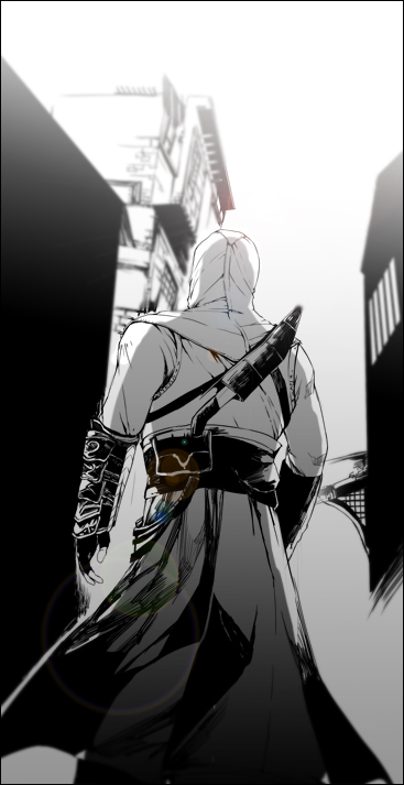 altair_ibn_la-ahad assassin's_creed assassin's_creed_(series) gloves greyscale hood knife male_focus monochrome sheath sheathed solo vambraces weapon weapon_on_back