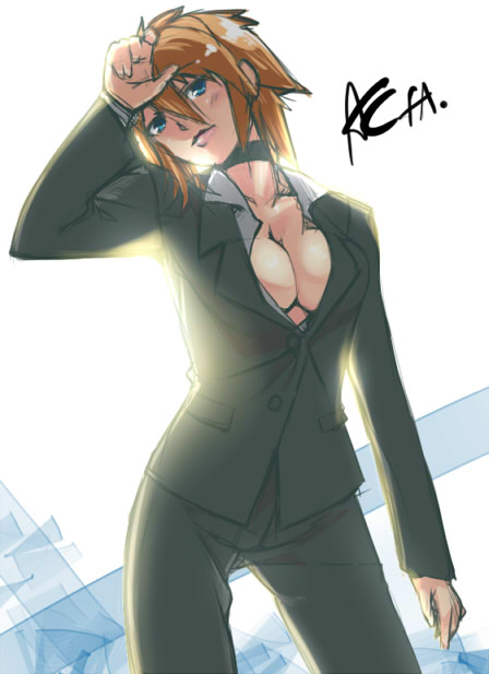 armored_core armored_core:_for_answer breasts cleavage female formal from_software girl orange_hair short_hair wynne_d_fanchon