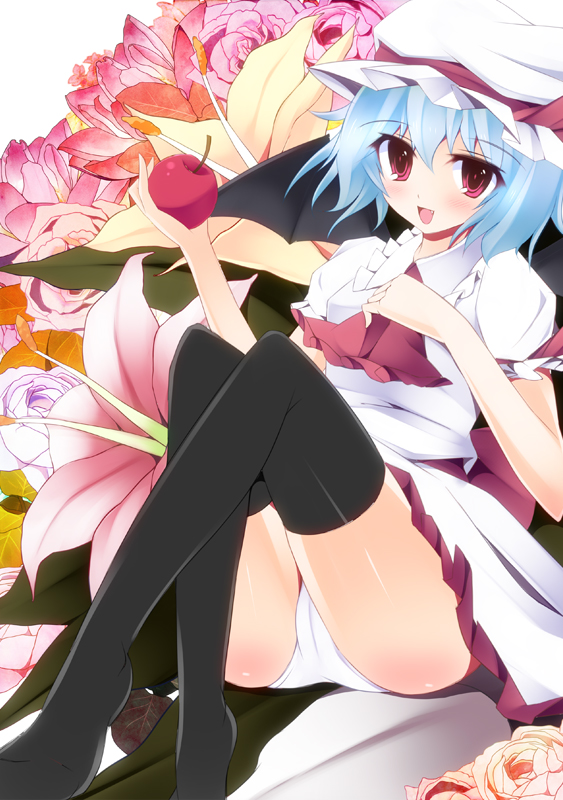 apple azure_(capriccio) bad_id bad_pixiv_id bat_wings flower food fruit remilia_scarlet solo thighhighs touhou wings