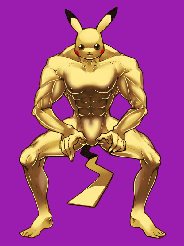 bad_id bad_pixiv_id gen_1_pokemon manly muscle no_humans pikachu pokemon pokemon_(creature) purple_background simple_background solo what