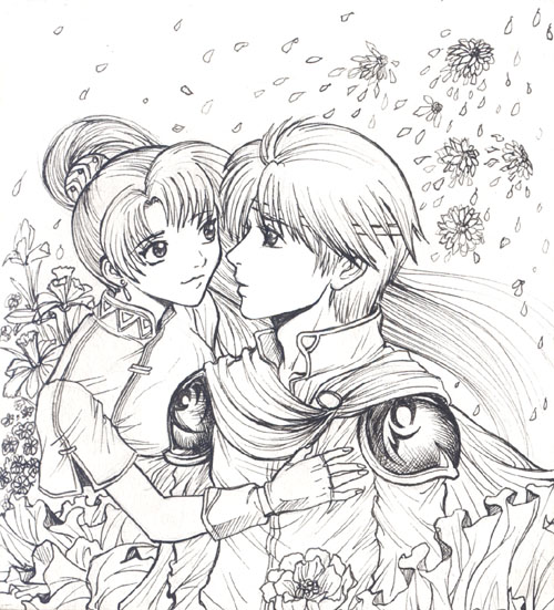 cape couple earrings eliwood eye_contact fingerless_gloves fire_emblem fire_emblem:_rekka_no_ken fire_emblem_blazing_sword flower gloves hair_ornament jewelry long_hair looking_at_another lyn lyndis_(fire_emblem) monochrome petals ponytail short_hair tiara very_long_hair