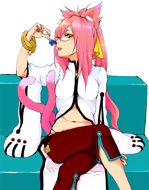 animal_ears arc_system_works blazblue bracelet breasts candy cat_ears cat_eyes cat_tail couch female glasses jewelry kokonoe labcoat legs_crossed lollipop long_hair majoccoid midriff multiple_tails open_mouth pants pink_hair ponytail ribbon saliva sitting slit_pupils solo tail tongue yellow_eyes yellow_ribbon