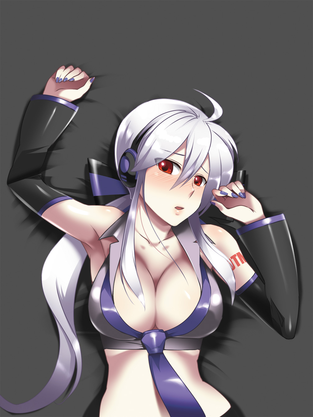 ahoge armpits blush breasts caffein cleavage detached_sleeves headphones highres large_breasts long_hair lying midriff nail_polish necktie on_back ponytail purple_nails red_eyes silver_hair solo vocaloid yowane_haku
