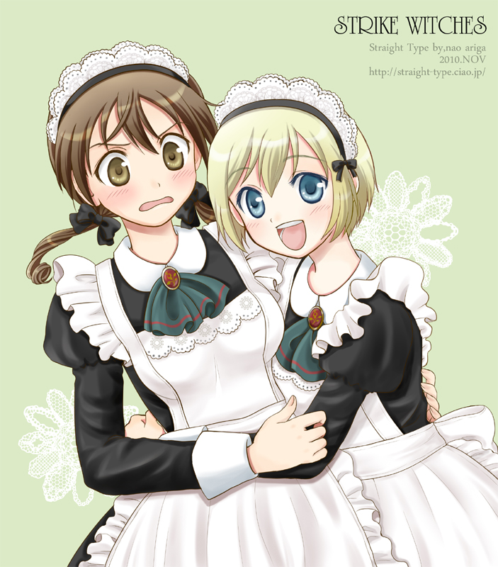 alternate_costume apron ariga_nao blonde_hair blue_eyes blush bow brown_eyes brown_hair enmaided erica_hartmann gertrud_barkhorn hair_bow hug maid maid_headdress multiple_girls open_mouth smile strike_witches twintails world_witches_series