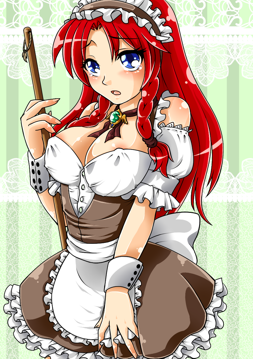 bad_id bad_pixiv_id blue_eyes braid breasts choker cleavage ehime_mikan_(chikoku_doumei) hong_meiling large_breasts long_hair maid red_hair solo touhou twin_braids