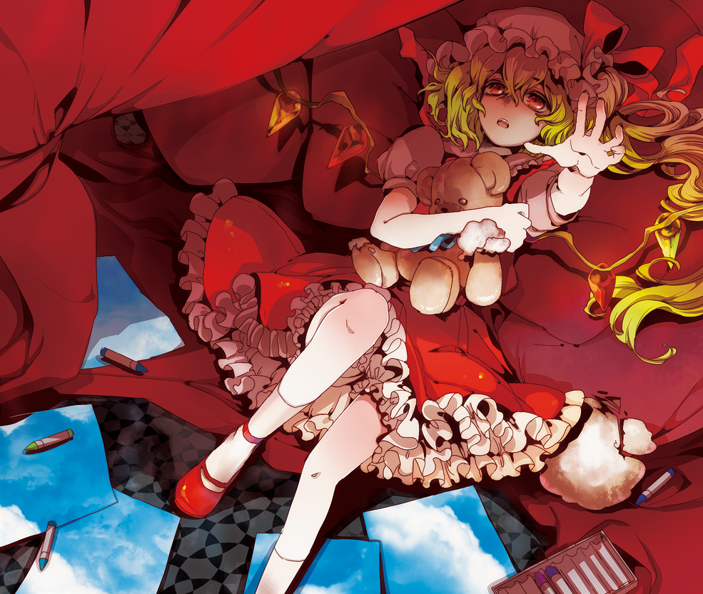 bad_id bad_pixiv_id bear blonde_hair blush bow crayon dress flandre_scarlet hat holding lying on_back outstretched_arm outstretched_hand paper red_eyes shoes side_ponytail skirt socks solo stuffed_toy touhou wings yukizen