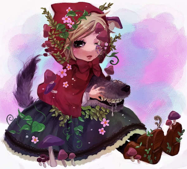 bad_id bad_pixiv_id big_bad_wolf_(grimm) fang flower grimm's_fairy_tales little_red_riding_hood little_red_riding_hood_(grimm) mushroom one_eye_closed plant ryouga_(fm59) sitting solo surreal vines wolf