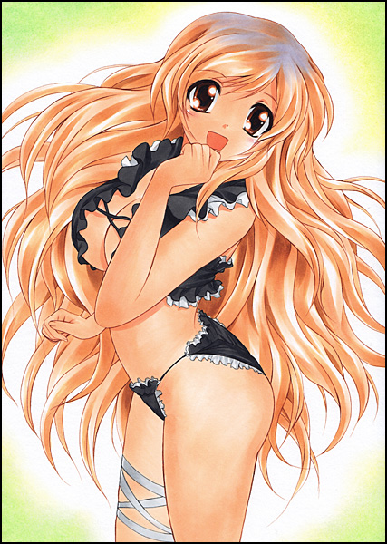 bandages bikini gradient_hair hijiri_byakuren long_hair marker_(medium) multicolored_hair pastel_(medium) solo swimsuit touhou traditional_media very_long_hair yadokari_genpachirou yellow_eyes