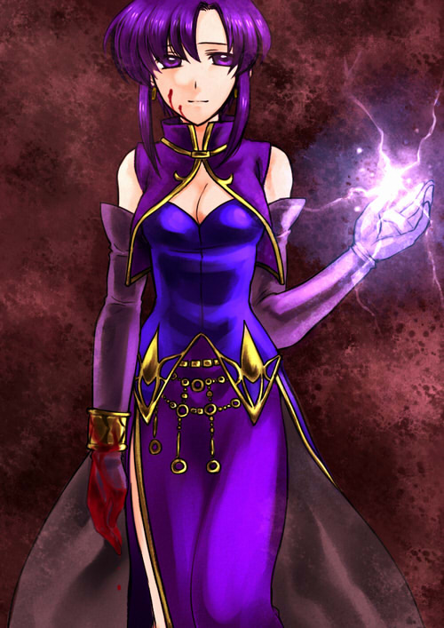 74 blood breasts capelet cleavage earrings elbow_gloves fire_emblem fire_emblem:_rekka_no_ken gloves jewelry lightning magic medium_breasts purple_eyes purple_hair short_hair side_slit solo ursula_(fire_emblem)