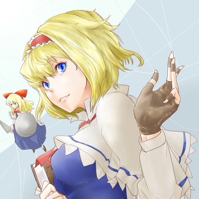 alice_margatroid bad_id bad_pixiv_id blonde_hair blue_eyes book capelet doll fingerless_gloves gloves jewelry ring shanghai_doll shield slit_pupils solo somsom touhou upper_body white_capelet