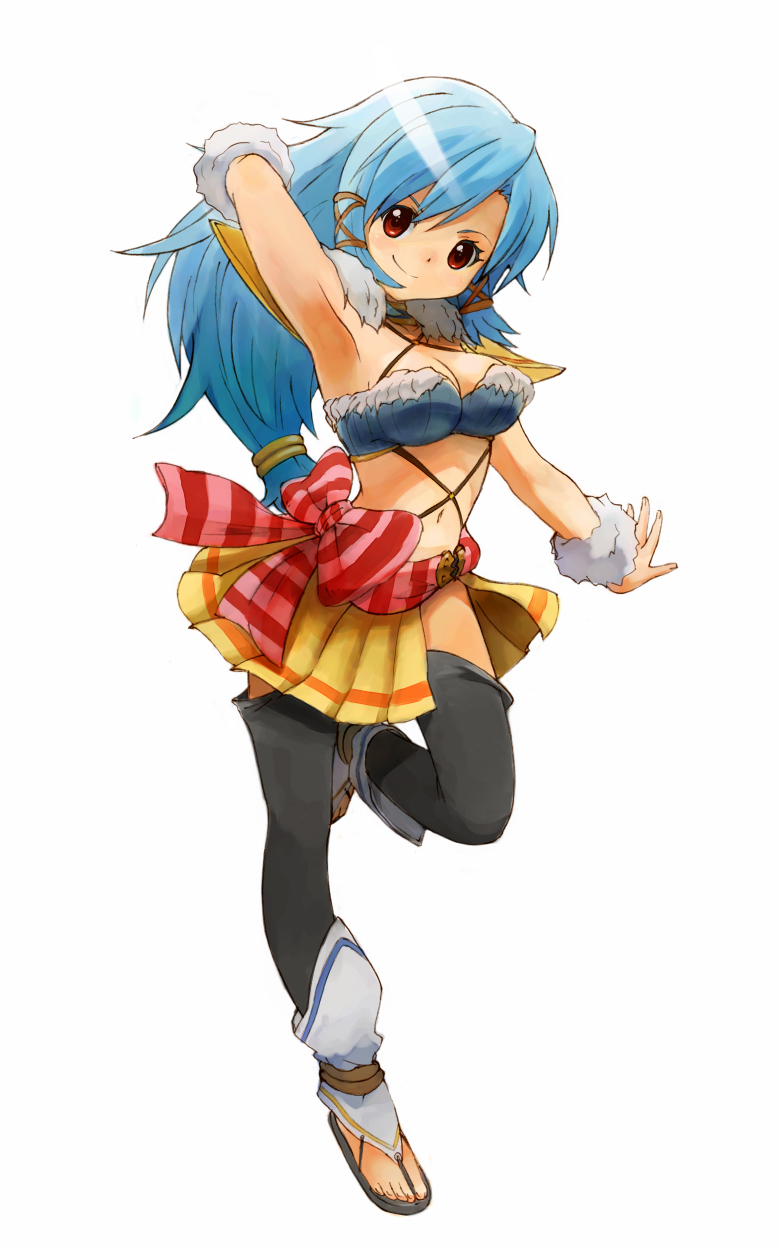arm_behind_head armpits bad_id bad_pixiv_id black_legwear blue_hair blush bow breasts cleavage final_fantasy final_fantasy_crystal_chronicles fur_trim hair_tubes highres long_hair low-tied_long_hair medium_breasts midriff navel nyama pleated_skirt red_eyes sandals selkie simple_background skirt smile solo strapless thighhighs tubetop white_background