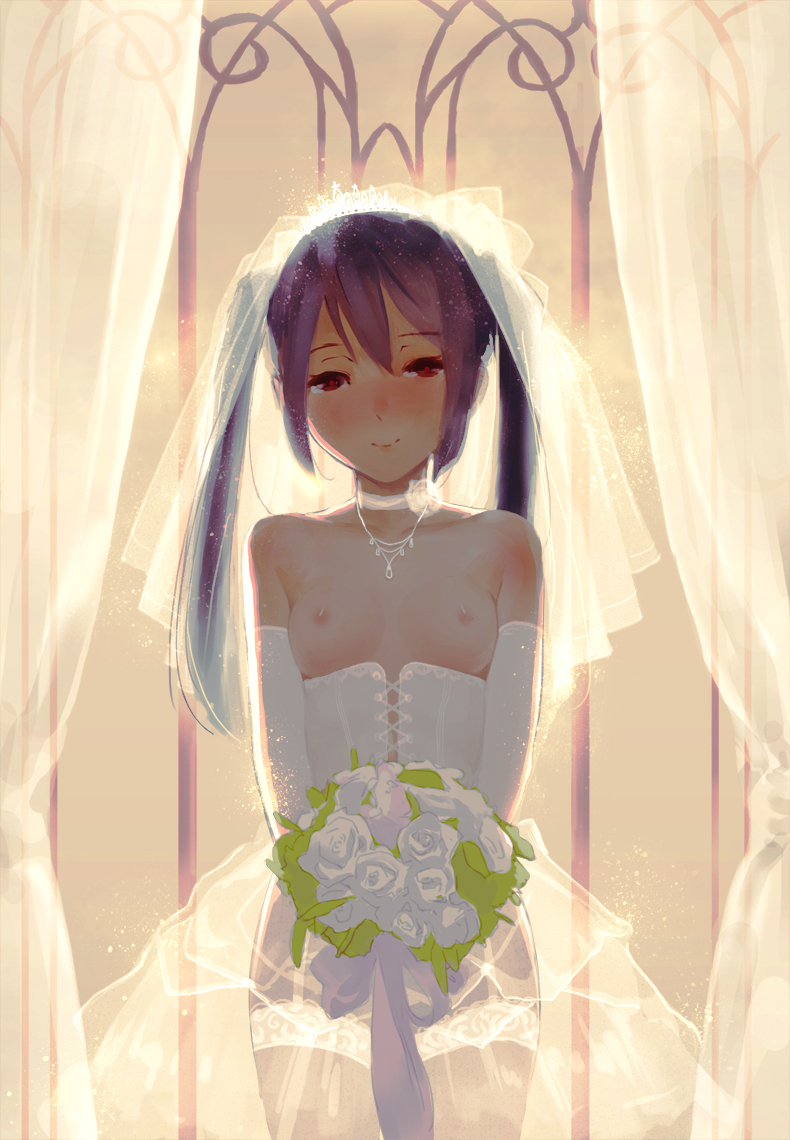 bad_id bad_pixiv_id bare_shoulders black_hair blush bouquet breastless_clothes breasts bridal_veil bride choker corset dress ekao elbow_gloves flower garter_straps gloves jewelry k-on! long_hair looking_at_viewer nakano_azusa necklace nipples red_eyes small_breasts small_nipples smile solo thighhighs tiara twintails veil wedding_dress white_legwear