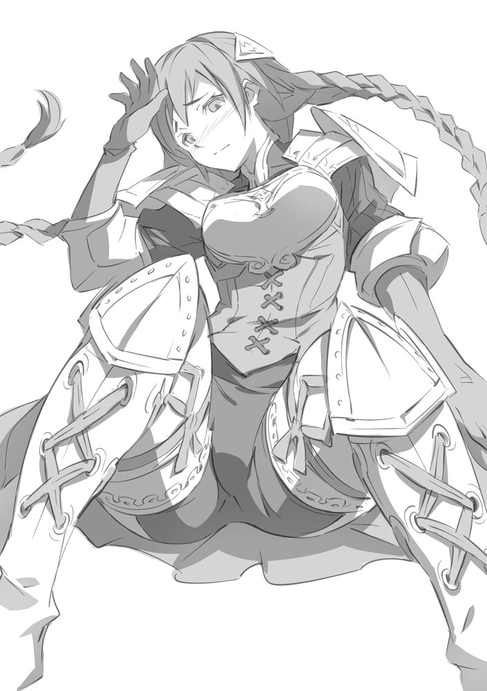 akira_(coffee_curry) armor boots braid greyscale long_hair monochrome ravness_loxaerion shoulder_pads solo spread_legs tactics_ogre thigh_boots thighhighs twin_braids