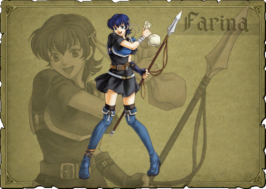 armor bag belt blue_eyes blue_hair boots farina farina_(fire_emblem) female fingerless_gloves fire_emblem fire_emblem:_rekka_no_ken fire_emblem_blazing_sword full_body gloves happy headband lance lowleg official_art open_mouth pegasus_knight polearm short_hair single_glove skirt smile solo thigh_boots thighhighs wallpaper weapon