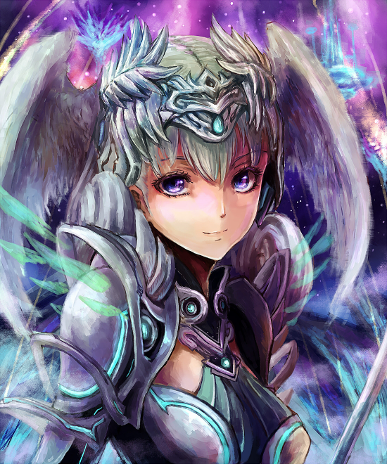 armor crown green_hair head_wings melia pote_(crown) purple_eyes silver_hair solo xenoblade_(series) xenoblade_1