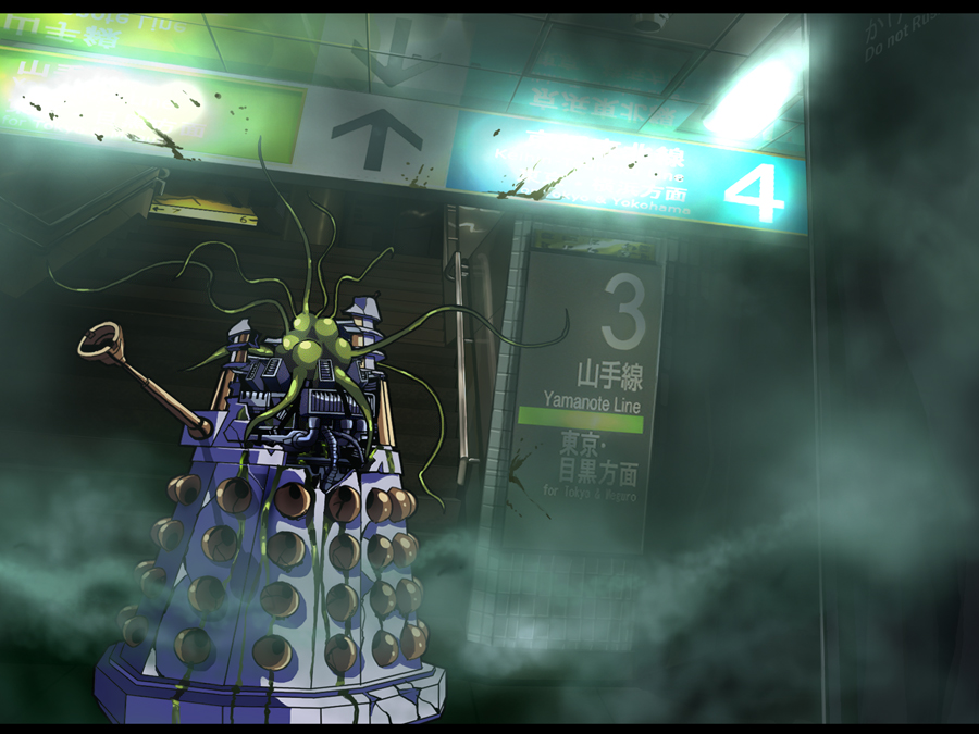 dark doctor_who letterboxed light no_humans otaking road_sign robot sign smoke subway_station
