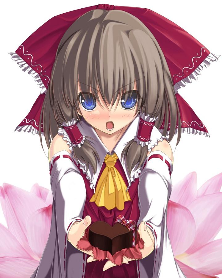 blue_eyes blush bow brown_hair chocolate detached_sleeves gift hair_bow hakurei_reimu holding holding_gift incoming_gift solo touhou valentine