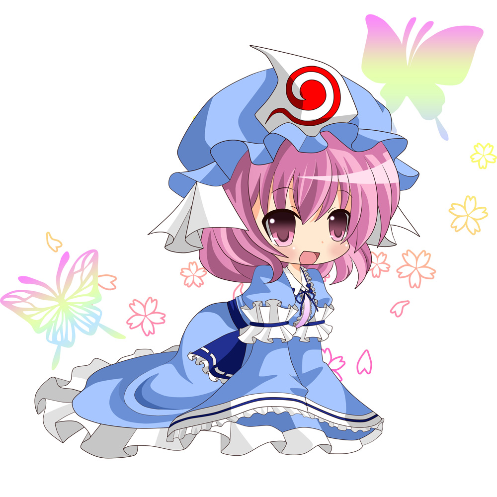 bug butterfly cherry_blossoms chibi ghost hat insect japanese_clothes kayama_benio kimono pink_eyes pink_hair saigyouji_yuyuko solo touhou