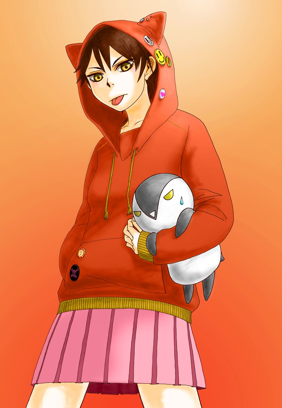:p alternate_costume animal_hat bad_id bad_pixiv_id badge bird black_hair button_badge carrying carrying_under_arm cat_hat dark_persona from_below hand_in_pocket hat highres hood hoodie looking_down mitama_mayo penguin pleated_skirt sayonara_zetsubou_sensei seishoku_fuoto short_hair skirt solo sweatdrop tongue tongue_out yellow_eyes