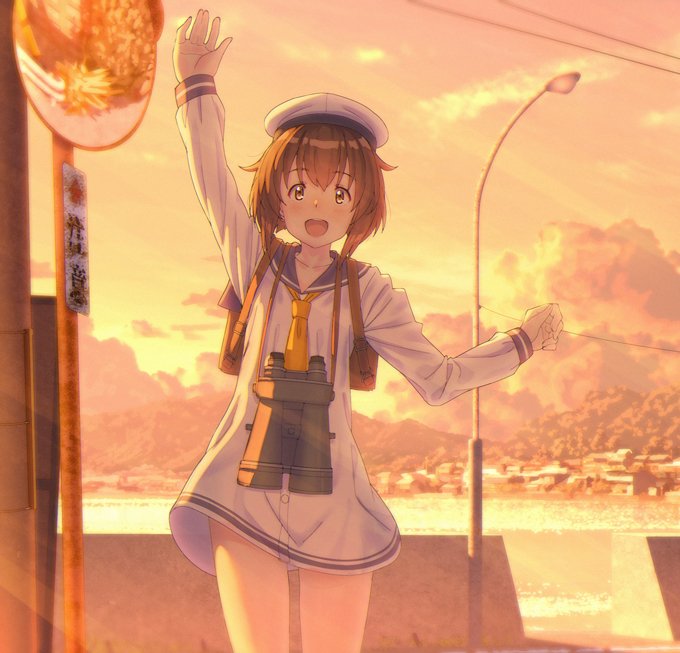 1girl binoculars brown_eyes brown_hair commentary_request cowboy_shot dress gloves hat kantai_collection key_kun lamppost looking_at_viewer mirror neckerchief open_mouth sailor_dress sailor_hat scenery short_hair sign smile solo sunset upper_teeth waving white_gloves white_hat yellow_neckwear yukikaze_(kantai_collection)