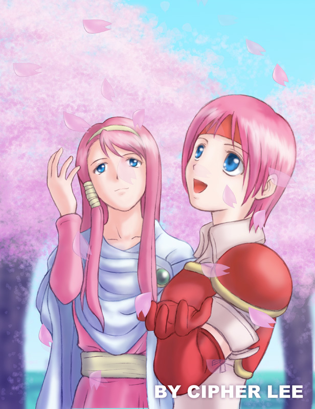 2girls armor blue_eyes capelet cherry_blossoms cherry_tree cipher_lee elbow_gloves fire_emblem fire_emblem:_souen_no_kiseki fire_emblem_path_of_radiance gloves hairband happy headband long_hair mantle marcia marcia_(fire_emblem) multiple_girls open_mouth pegasus_knight petals pink_hair short_hair smile tree unknown unknown_person