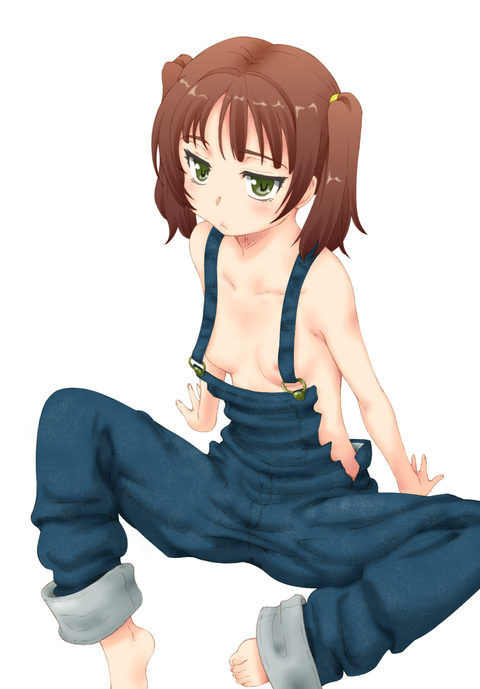 areolae barefoot brown_hair flat_chest green_eyes jitome kesuida long_hair naked_overalls nipples no_bra original overalls sitting solo spread_legs twintails