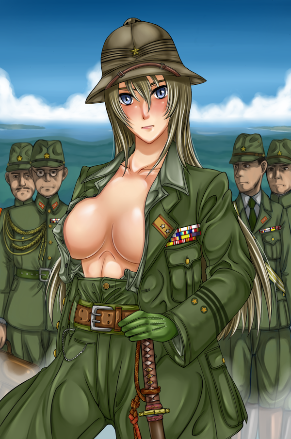 4boys bad_id bad_pixiv_id belt blonde_hair blue_eyes breasts gloves green_eyes hat himeshima_koukichi imperial_japanese_army katana large_breasts long_hair military military_uniform multiple_boys no_bra open_clothes open_shirt original shirt sword uniform weapon world_war_ii