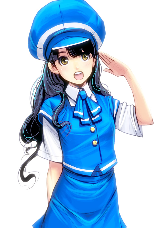 :d bad_id bad_pixiv_id black_hair blush girl_with_golden_shoe hat kin_no_kutsu_gin_no_kutsu long_hair masao open_mouth original salute simple_background smile solo upper_body yellow_eyes