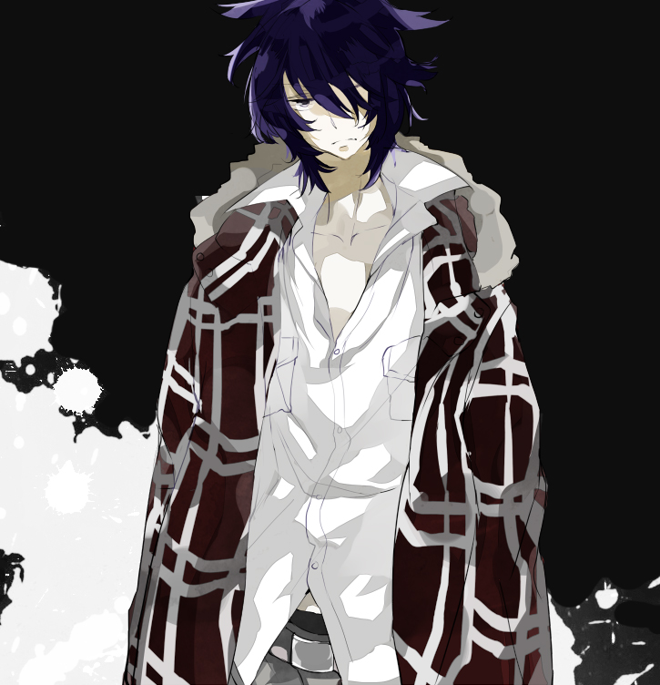 frown hair_over_one_eye jacket koide_natsuno male_focus purple_hair seki_(kaguudou) shiki solo