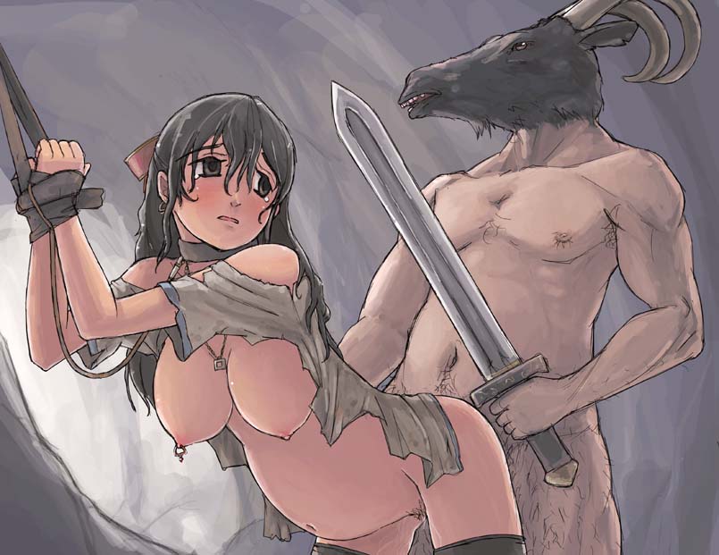 1girl bdsm black_hair bondage bound breasts broo cave collar commentary cuffs fantasy glorantha goat hanging_breasts hetero horns jewelry kuroyagi large_breasts leash long_hair monster nipple_piercing nipples nude pendant personification piercing pregnant pubic_hair rape runequest sex sword tears thighhighs weapon