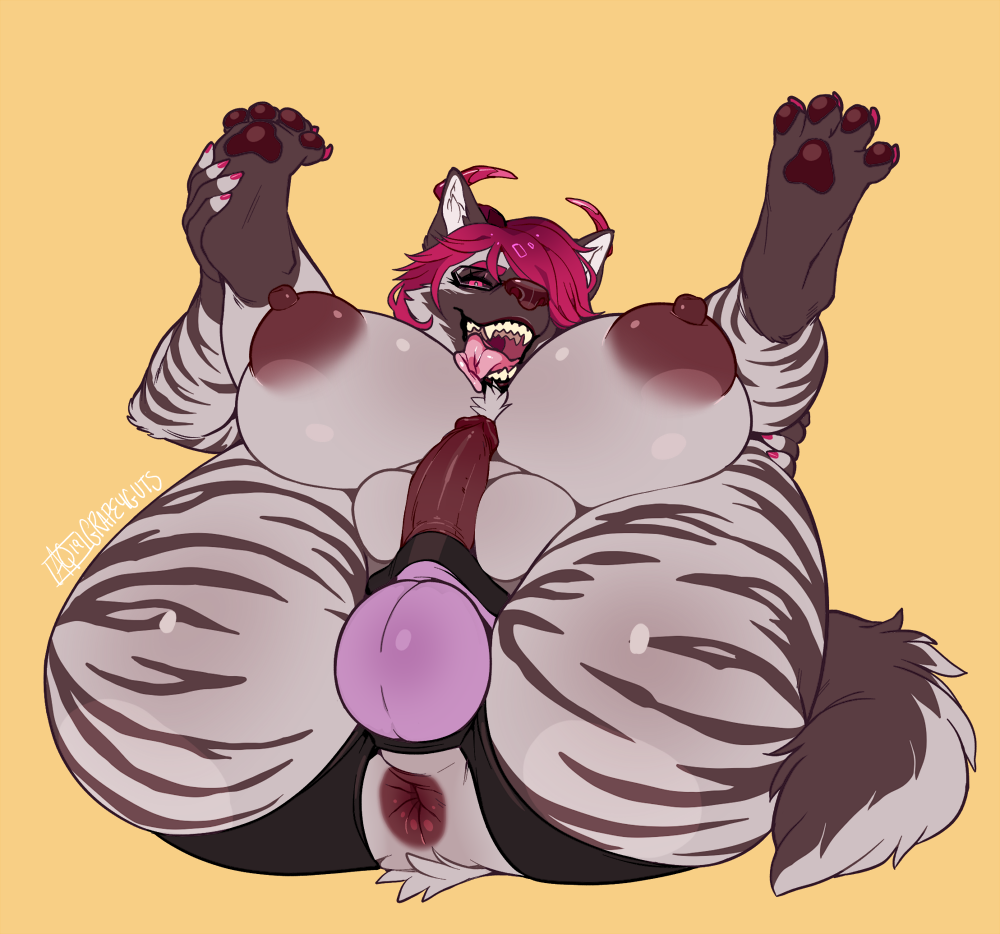 anthro anus balls big_breasts breasts bri_(kalash) butt demon dickgirl erection hyaenid intersex looking_at_viewer mammal mcarson open_mouth penis presenting presenting_hindquarters solo spread_legs spreading striped_hyena tongue tongue_out