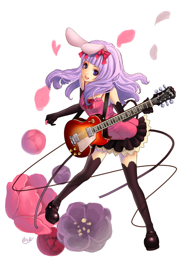 animal_ears bad_id bad_pixiv_id bow bunny_ears dress elbow_gloves electric_guitar flower gloves guitar hair_bow instrument legs original simple_background solo tamarashi thighhighs white_background