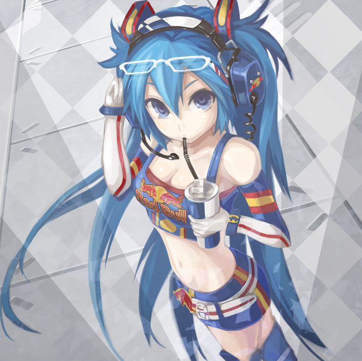 bare_shoulders belt blue_eyes blue_hair boots breasts can cleavage drink drinking_straw elbow_gloves eyewear_on_head formula_one from_above glasses gloves hair_ornament hatsune_miku headset knee_boots long_hair medium_breasts midriff navel product_placement race_queen red_bull solo twintails very_long_hair vocaloid yato