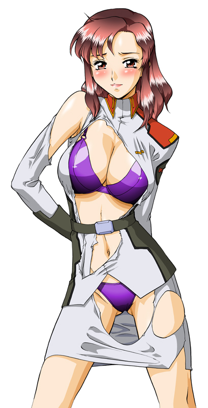 1girl bra brown_eyes brown_hair female gundam gundam_seed gundam_seed_destiny lingerie murrue_ramius panties purple_bra purple_panties solo torn_clothes umedama_nabu underwear