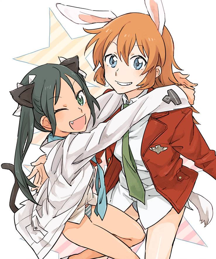 animal_ears black_hair blue_eyes breasts bunny_ears cat_ears charlotte_e_yeager face fang francesca_lucchini green_eyes grin hand_on_back hands_on_shoulders long_hair medium_breasts military military_uniform multiple_girls one_eye_closed open_mouth orange_hair panties peg smile star strike_witches striped striped_panties tail teeth twintails underwear uniform world_witches_series