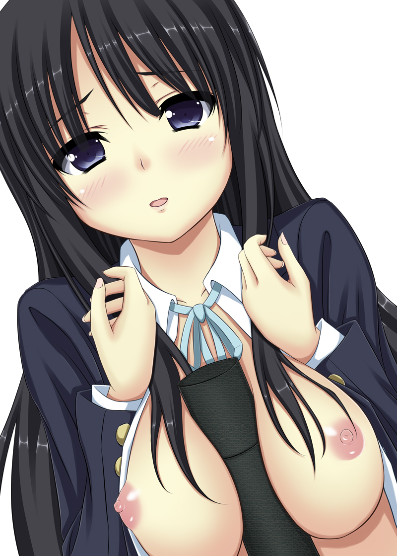 akiyama_mio between_breasts black_hair blue_eyes blush breasts diploma k-on! large_breasts long_hair nipples open_clothes open_mouth school_uniform sexually_suggestive shake_(ferit3) solo