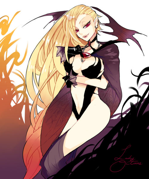bad_id bad_pixiv_id blonde_hair breasts character_request cleavage fang large_breasts long_hair pointy_ears r/k red_eyes silver_rain solo thighhighs vampire very_long_hair