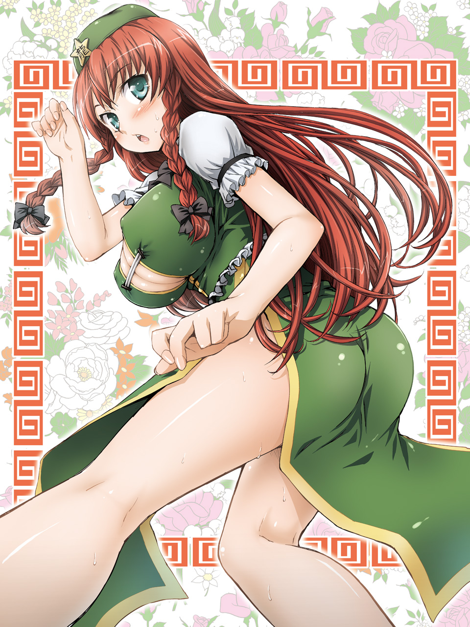 aqua_eyes aru_ra_une ass blush braid breasts chinese_clothes cleavage covered_nipples hat highres hong_meiling large_breasts long_hair red_hair solo touhou twin_braids