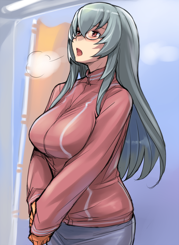 bespectacled breasts breath flag glasses gym_uniform huge_breasts long_hair older red_eyes rozen_maiden silver_hair sky solo suigintou tsuda_nanafushi