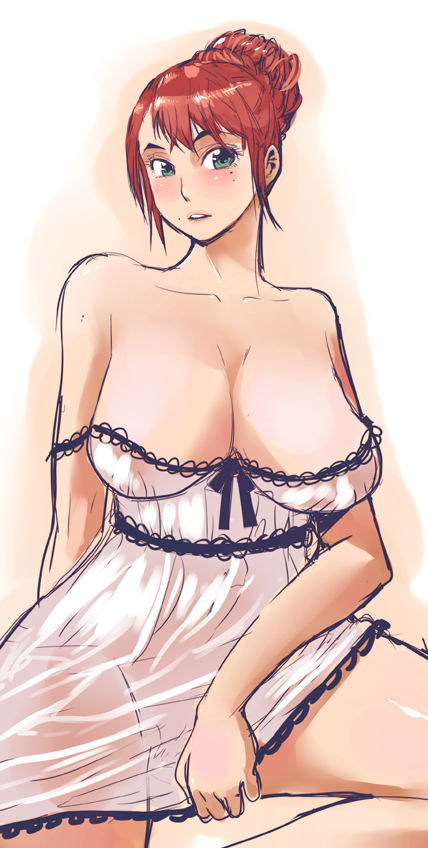 blush breasts butcherboy cleavage copyright_request curvy green_eyes huge_breasts mole red_hair sagging_breasts see-through solo