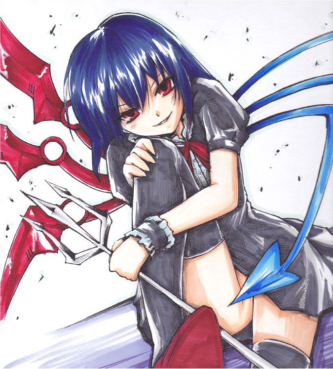 bad_anatomy bad_id bad_pixiv_id black_legwear blue_hair covering covering_crotch head_tilt houjuu_nue iroha_(nullpo) looking_at_viewer marker_(medium) no_panties polearm red_eyes shikishi smirk solo thighhighs touhou traditional_media trident weapon wing_censor wings