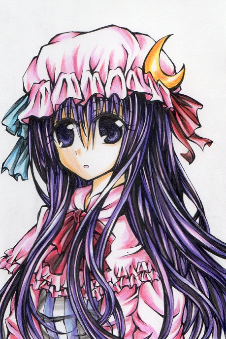 blush crescent hat long_hair patchouli_knowledge purple_eyes purple_hair solo touhou traditional_media