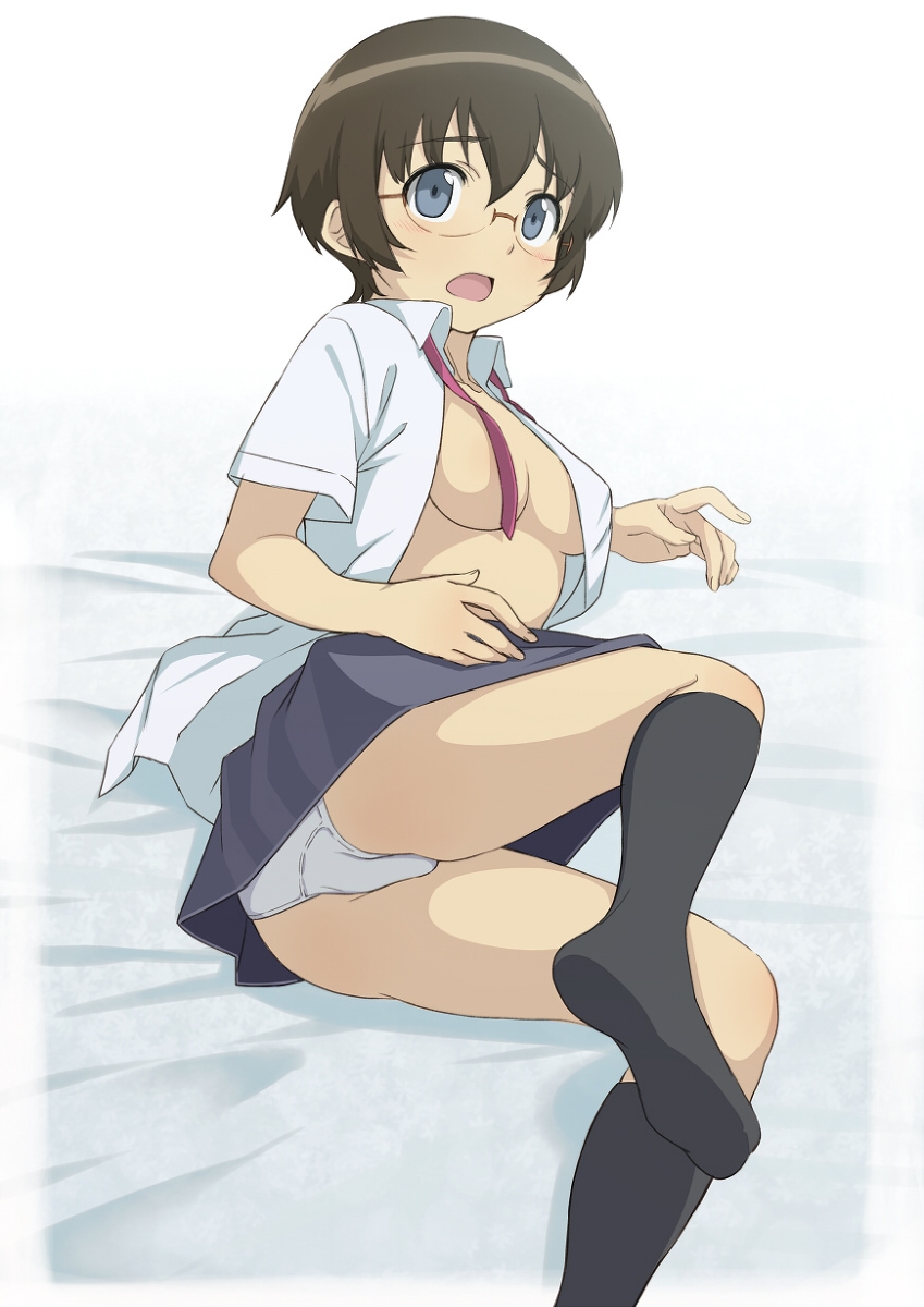 bad_id bad_pixiv_id black_legwear blue_eyes blush brown_hair collared_shirt dress_shirt glasses highres kneehighs lying necktie on_side open_clothes open_mouth open_shirt ore_no_imouto_ga_konna_ni_kawaii_wake_ga_nai panties sawashiro_kei school_uniform shirt short_hair skirt socks solo surprised tamura_manami underwear undressing upskirt white_panties white_shirt