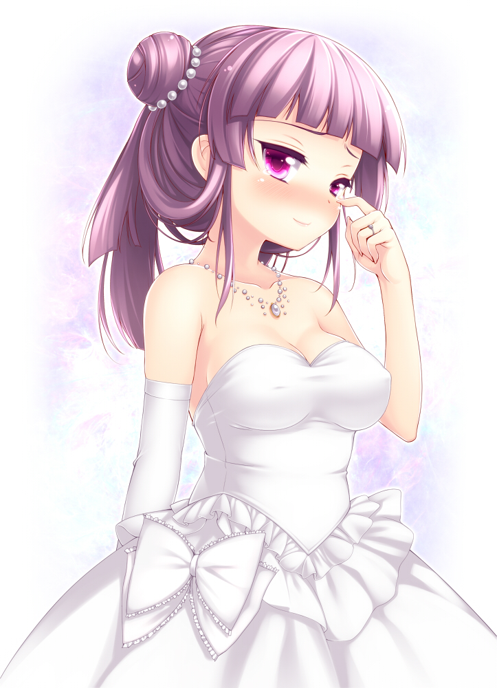 alternate_hairstyle bare_shoulders blush breasts bride cleavage covered_nipples double_bun dress elbow_gloves gloves happy_tears jewelry large_breasts necklace nullken patchouli_knowledge pendant purple_eyes purple_hair ribbon single_glove solo tears touhou wedding_dress wiping_tears