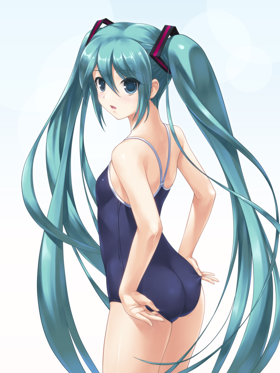 adjusting_clothes adjusting_swimsuit aqua_eyes aqua_hair ass bare_shoulders competition_school_swimsuit hands hatsune_miku highres long_hair looking_back one-piece_swimsuit solo swimsuit twintails very_long_hair vocaloid wacchi