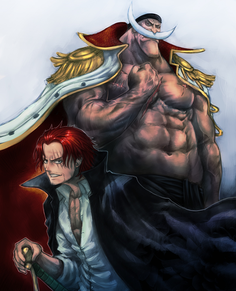 boyaking cape edward_newgate facial_hair grin male_focus manly multiple_boys mustache one_piece red_hair shanks shirtless smile sword weapon
